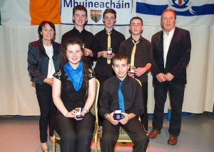 Pictured are the Drumhowan Music Group who took 1st. place at Scór na nÓg with Pauline Rooney and Seamus McElwain. They are Tomasina McGinnity, Conor Quinn, Stephen McMahon, Colm McMahon and Finbar Brennan. © Northern Standard